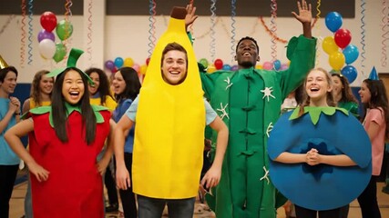 Joyful teenagers in quirky fruit and vegetable costumes dance at a vibrant party with balloons.