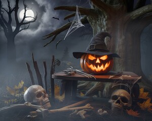 A spooky Halloween night scene featuring a glowing jack-o'-lantern with a witch hat, eerie skulls, and cobwebs under a full moon. Perfect for Halloween horror themes and dark fantasy visuals.