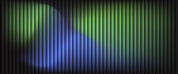 Abstract glowing blue and green gradient light behind vertical black lines. Futuristic digital texture with neon colors and dark background. Perfect for modern design, tech, or visual art projects.