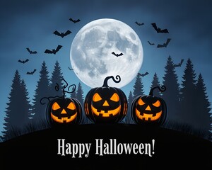 Glowing jack-o’-lanterns under a full moon with flying bats and dark forest — a perfect Halloween night scene.