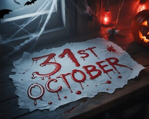 Bloody “31st October” text on torn paper with lanterns, spiders, and pumpkins creating a dark spooky Halloween vibe.