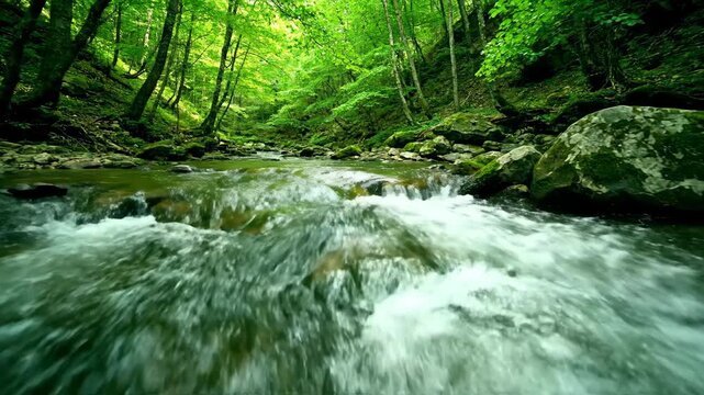 A dynamic tracking shot follows a vibrant creek as it tumbles over small rapids, showcasing the energy of the moving water in soft light rapid, action, stream