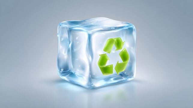 Transparent ice cube featuring a bright green symbol for environmental conservation is centered on a soft gray background.