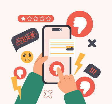 Bad negative comment, complaint of customer in online survey service. Hands of client holding smartphone to press dislike button and send poor review in social media cartoon vector illustration