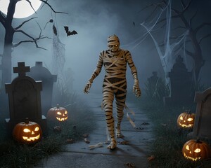 A creepy Halloween mummy walking through a fog-covered graveyard with glowing pumpkins, eerie trees, and cobwebs. Atmospheric 3D Halloween illustration for horror themes and spooky visuals.