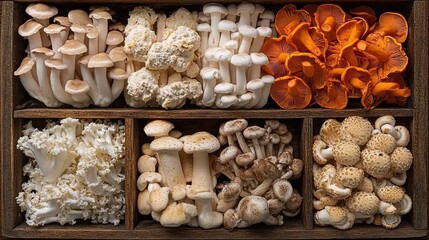 Assorted Mushrooms Arranged in Wooden Compartments