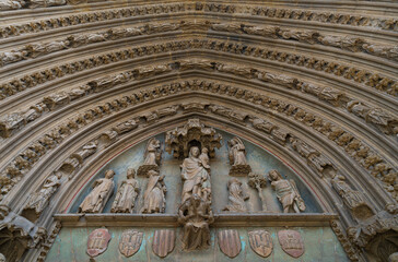 Details of the Gothic-style Huesca Cathedral in the city of Huesca, in the La Hoya de Huesca region. Province of Huesca, Aragon, Spain, Europe.