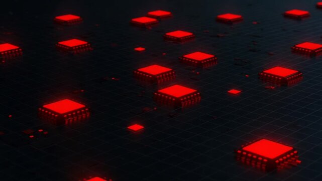 Red Computer Chips on Dark Grid Background