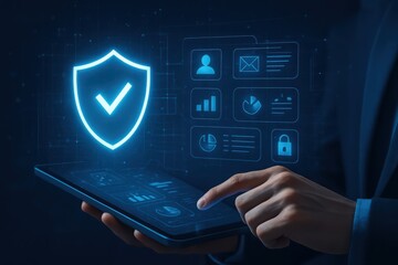 Digital security and data protection person interacting with futuristic cyber security interface