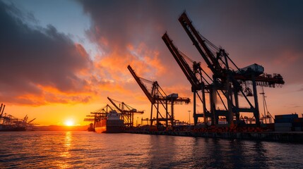 Obraz premium Industrial cargo cranes silhouette against a dramatic orange and dark cloud filled sunset over the water