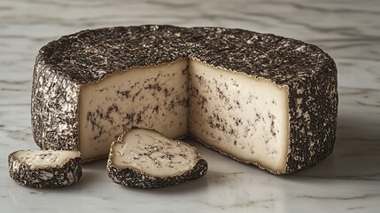 Round Artisanal Cheese with Black Rind, Sliced on Marble Surface