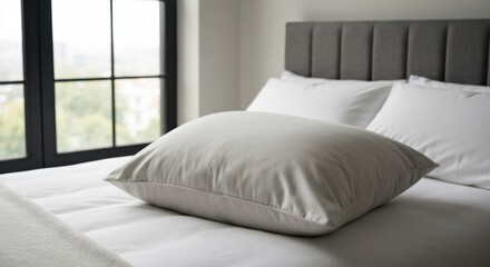 Obraz premium Soft pillow atop crisp white bedding by a bright window, cozy interior