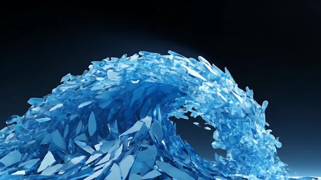 Abstract Blue Crystal Shards Forming a Crashing Ocean Wave.