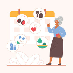 Healthy habits for wellbeing, wellness, mental and body health of elderly. Tiny old lady planning daily personal activity with calendar, physical exercise and food, music cartoon vector illustration