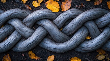 Braided Tree Roots with Fallen Autumn Leaves on Ground