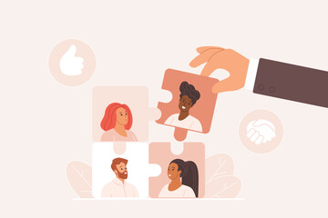Concept vector illustration of a diverse team coming together. A hand places a puzzle piece with a person portrait into a larger puzzle of diverse individuals symbolizes collaboration and teamwork.