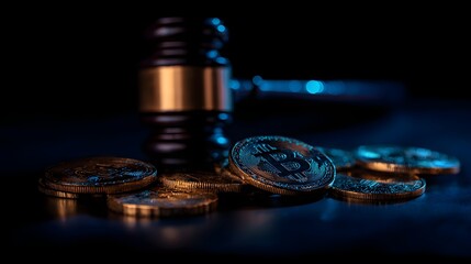 Judicial gavel stands behind a small collection of physical cryptocurrency tokens under dramatic lighting