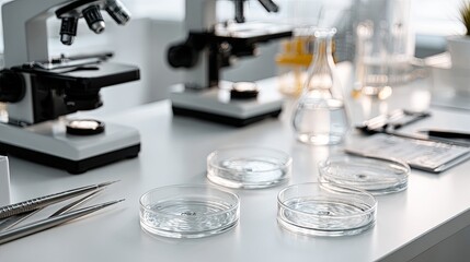 Laboratory Work with Microscopes and Petri Dishes on Clean Surface