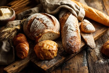 Freshly baked artisanal bread assortment with baguette, sourdough loaf, and croissant on a rustic wooden table