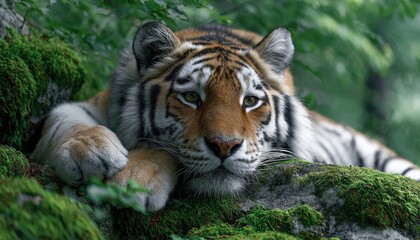 Fototapeta premium a majestic tiger lounging on moss-covered rocks in the dense forest, its stripes blending with nature's greenery