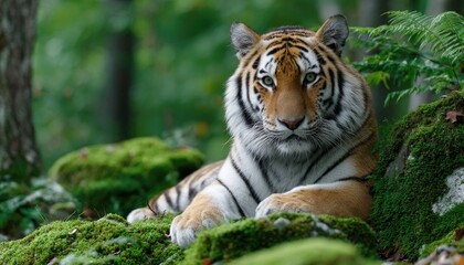Obraz premium a majestic tiger lounging on moss-covered rocks in the dense forest, its stripes blending with nature's greenery