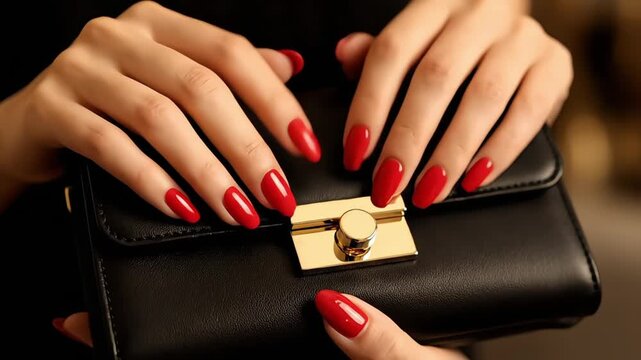 A woman's hands with vibrant red manicured nails elegantly hold a chic black leather clutch.