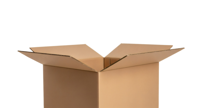 A cardboard box is centered in the lower half of the frame against an isolated, transparent background.