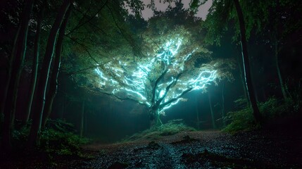 Glowing illumination emanates from branches of a large tree within a dark forest setting