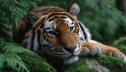 Fototapeta premium a majestic tiger resting on moss-covered rocks in the dense forest, its stripes blending with the greenery, creating an enchanting and wild scene