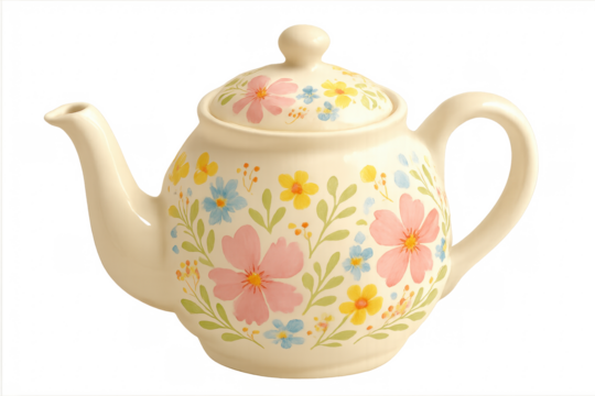 Ceramic teapot presenting colorful hand-painted floral pattern - Powered by Adobe