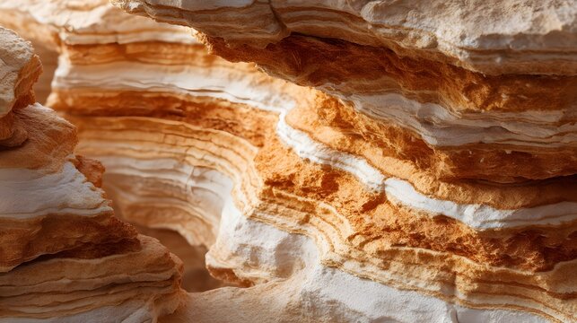 Alternating layers of orange and white sedimentary rock show intricate geological stratification