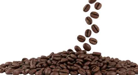 A high-resolution, professionally lit studio photograph captures a dynamic scene of roasted coffee beans against an isolated, transparent background.