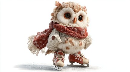 Cute cartoon owl character wearing a cozy scarf and skates, gliding on ice, showcasing winter fun and playful spirit in a whimsical illustration style