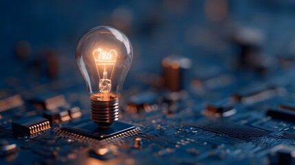 Illuminated incandescent bulb rests atop an intricate electronic circuit board assembly