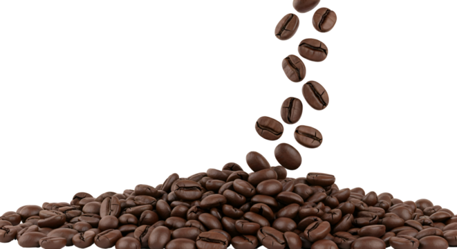 A high-resolution, professionally lit studio photograph captures a dynamic scene of roasted coffee beans against an isolated, transparent background.