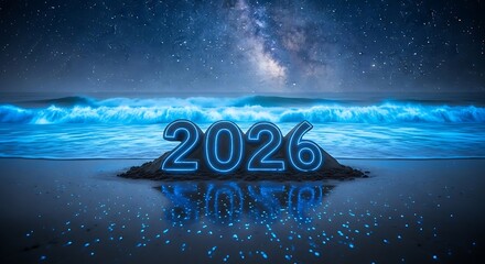 Future's Embrace: 2026 Illuminated on a Starry Night Beach
