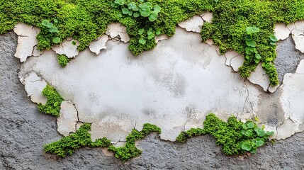 Green Moss Growing on Cracked Wall with Exposed Plaster