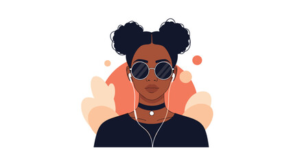 Stylish Young Woman with Space Buns and Sunglasses Listening to Music.