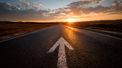 Open asphalt highway stretches toward a brilliant sunset over open terrain
