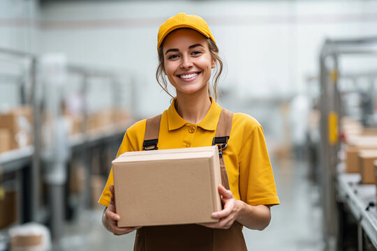 smiling female factory worker holding plain cardboard box clean modern packaging factory realistic commercial photo - Powered by Adobe