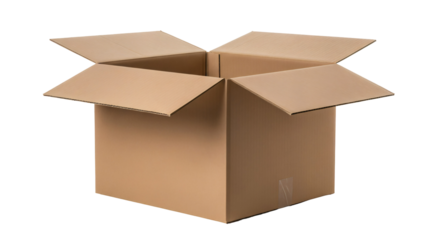 A studio shot captures a single, open cardboard box set against a neutral background.