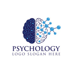 Psychology logo featuring a brain split with neural network on a white background design graphic