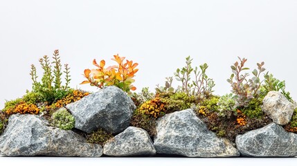 Rock Formation with Moss and Diverse Plants on White Background