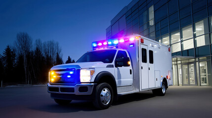 Fototapeta premium Emergency medical vehicle with lights at night outside a building