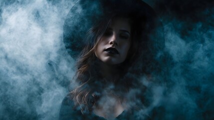 Mysterious woman in a witch hat her face partially obscured by swirling blue smoke creating a dark and ethereal atmosphere