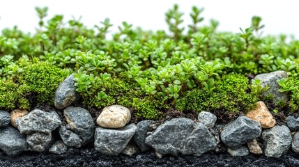 Rock Formation with Moss and Diverse Plants on White Background