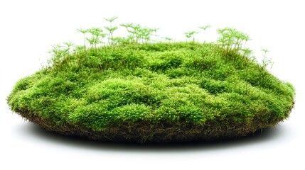 Round Moss Patch with Small Green Plants on White Backgrounda