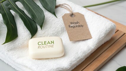 Clean Routine Soap on Towel with Tag for Personal Care and Hygiene