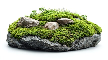Stone Wall with Moss and Sprouting Green Plants in Natural Landscape