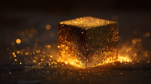Solid cube shape covered in shimmering golden particles resting on a dark surface